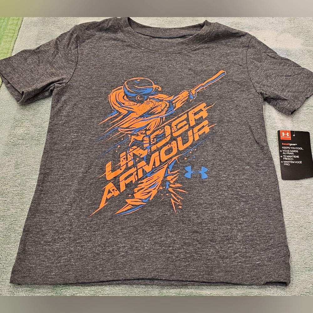 Under Armour Shirt HeatGear UA Tee T-Shirt Baseball Gray Orange Toddler Size 4